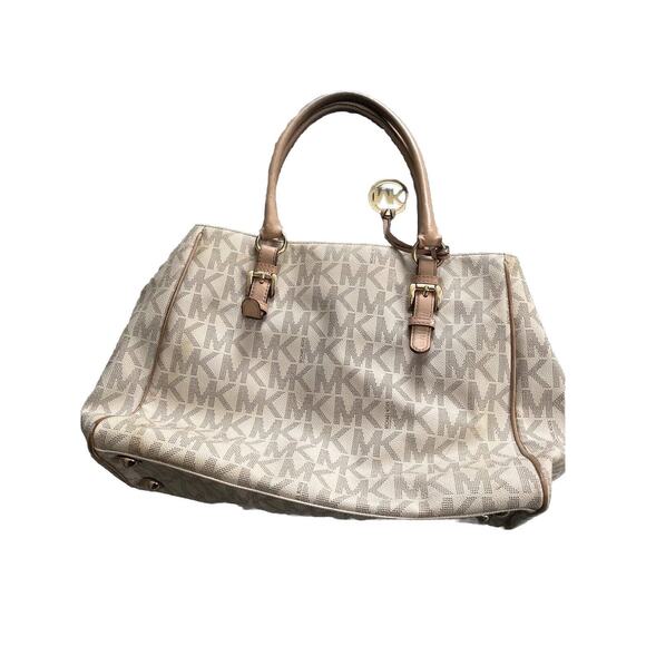 Michael Kors Leather Jet Set Signature Tote Handbag White Logo Tan Straps Purse - Picture 1 of 8